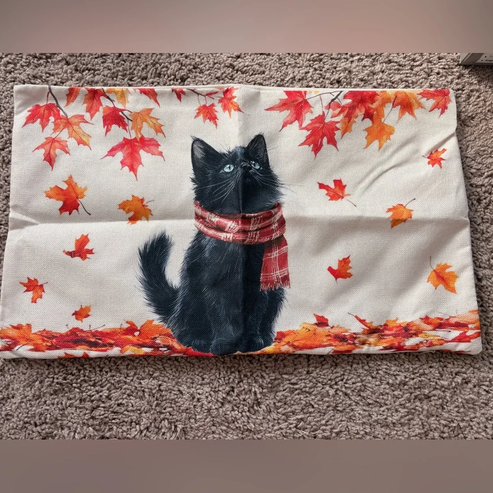 Autumn Leaves Accent Pillow Cover with Black Cat Design